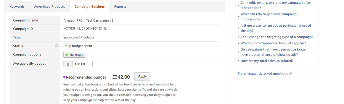 Image of AMS recommended budget feature inside the campaign AmazonPPC