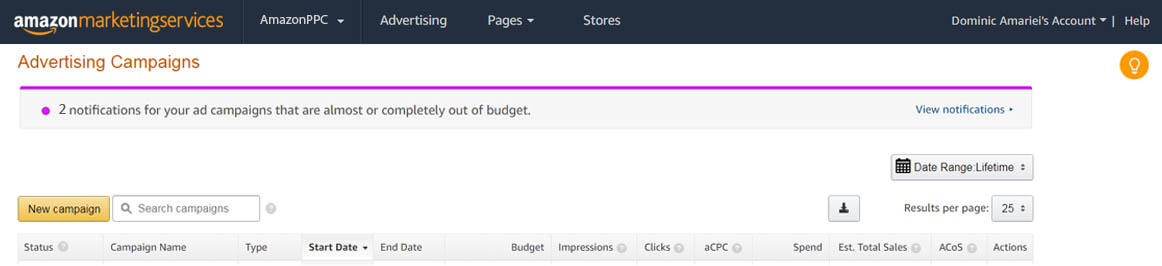 Image of AMS recommended budget feature notifications AmazonPPC