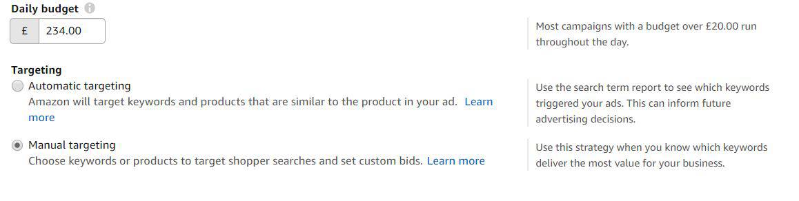 Image of Manual targeting under Amazon Advertising Console AmazonPPC