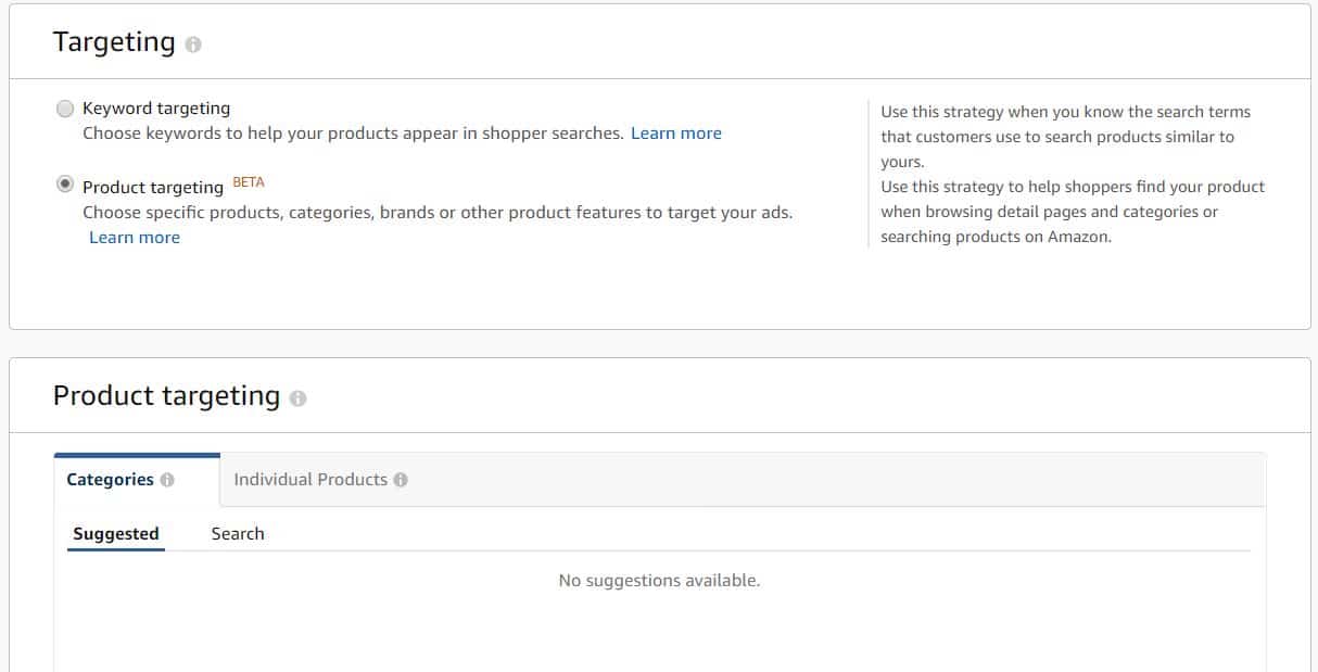 Image of Product targeting under Amazon Advertising Console AmazonPPC