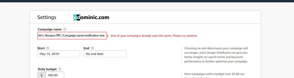 Image of Campaign naming notification - One of your campaigns already uses this name. Please try another - AmazonPPC